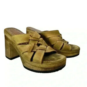 Vintage Candies Platform Sandals Sz 8.5 Brown Leather & Wood Heel Y2k Boho 90s